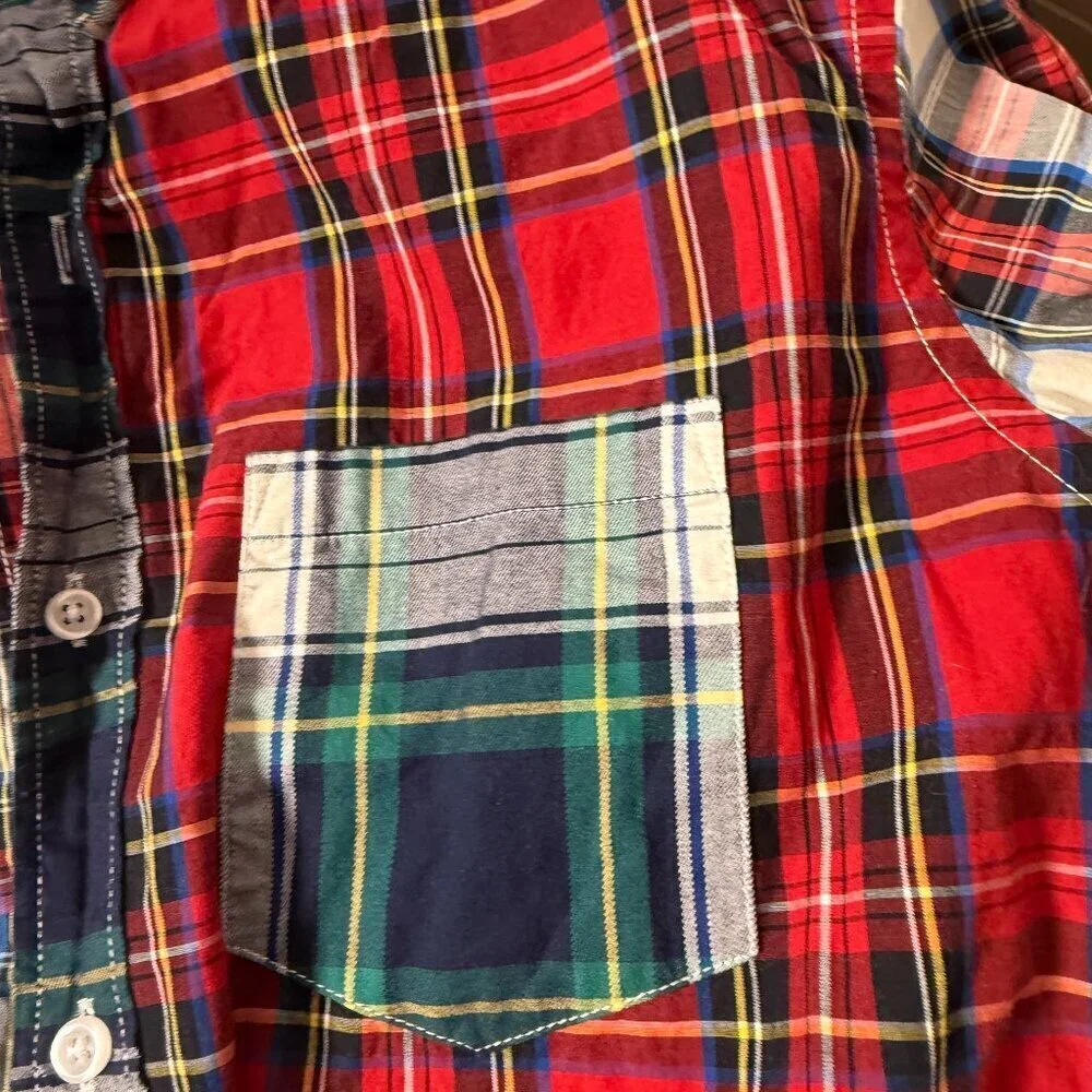 J Crew Re-Imagined Plaid Patchwork Flex Washed Slim Untucked Sz Medium